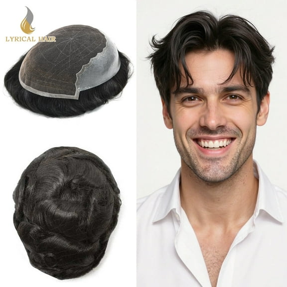 LYRICAL HAIR Toupee for Men French Lace Front Mens Toupee Human Hair System Thin Skin Hairpieces for Men #1 Jet Black Mens Wigs