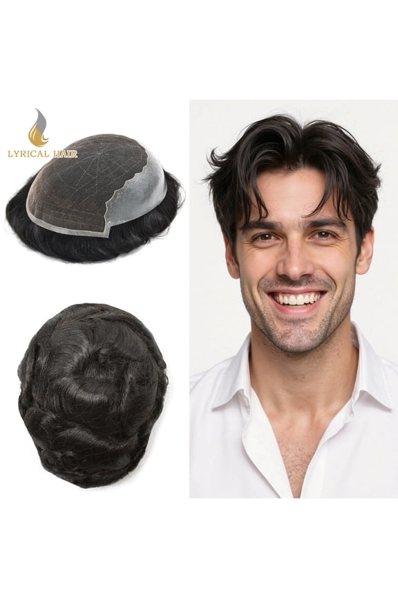 LYRICAL HAIR Toupee for Men French Lace Front Mens Toupee Human Hair System Thin Skin Hairpieces for Men #1 Jet Black Mens Wigs