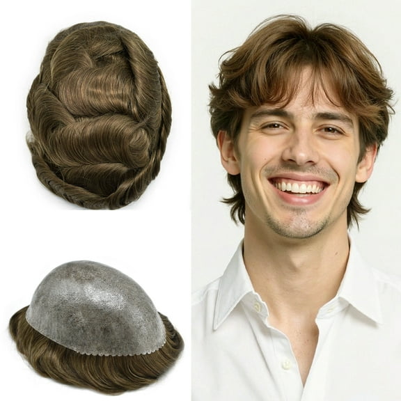 LYRICAL HAIR Toupee for Men Human Hair Replacement Systems All Poly Mens Toupee Hairpiece Black Brown Blonde Gray Hair Wig Units