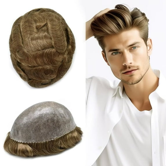Mens Hairpiece LYRICAL HAIR Human Hair Replacement System Durable Thin Skin PU Injected Toupee Hair Wigs for Men