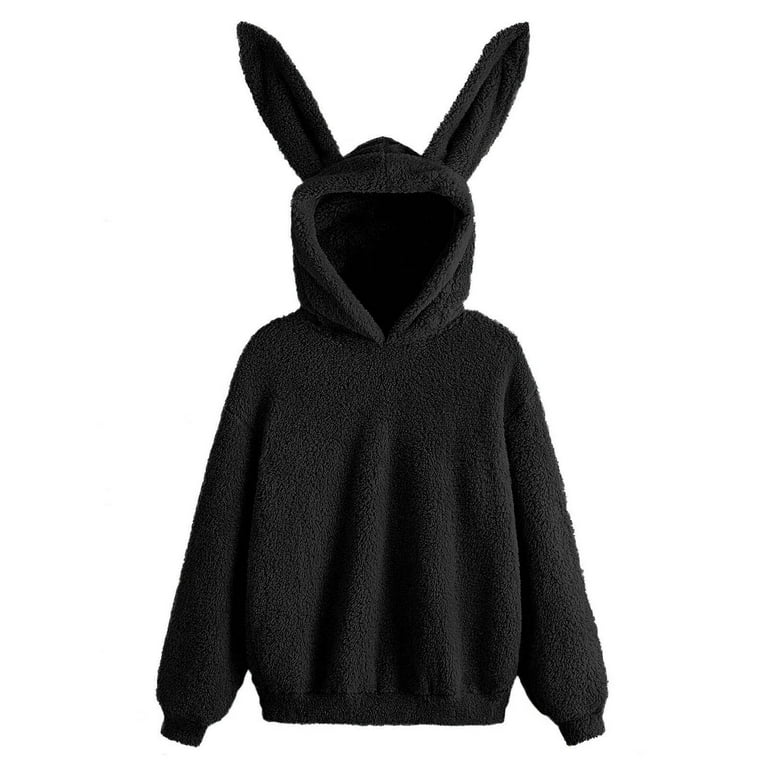 LYRIND Women s Cute Fuzzy Hoodies Comfy Winter Warm Pullover Hooded Sweatshirts Casual Long Sleeve Solid Color Tops Fall Outfit for Women M Black Walmart