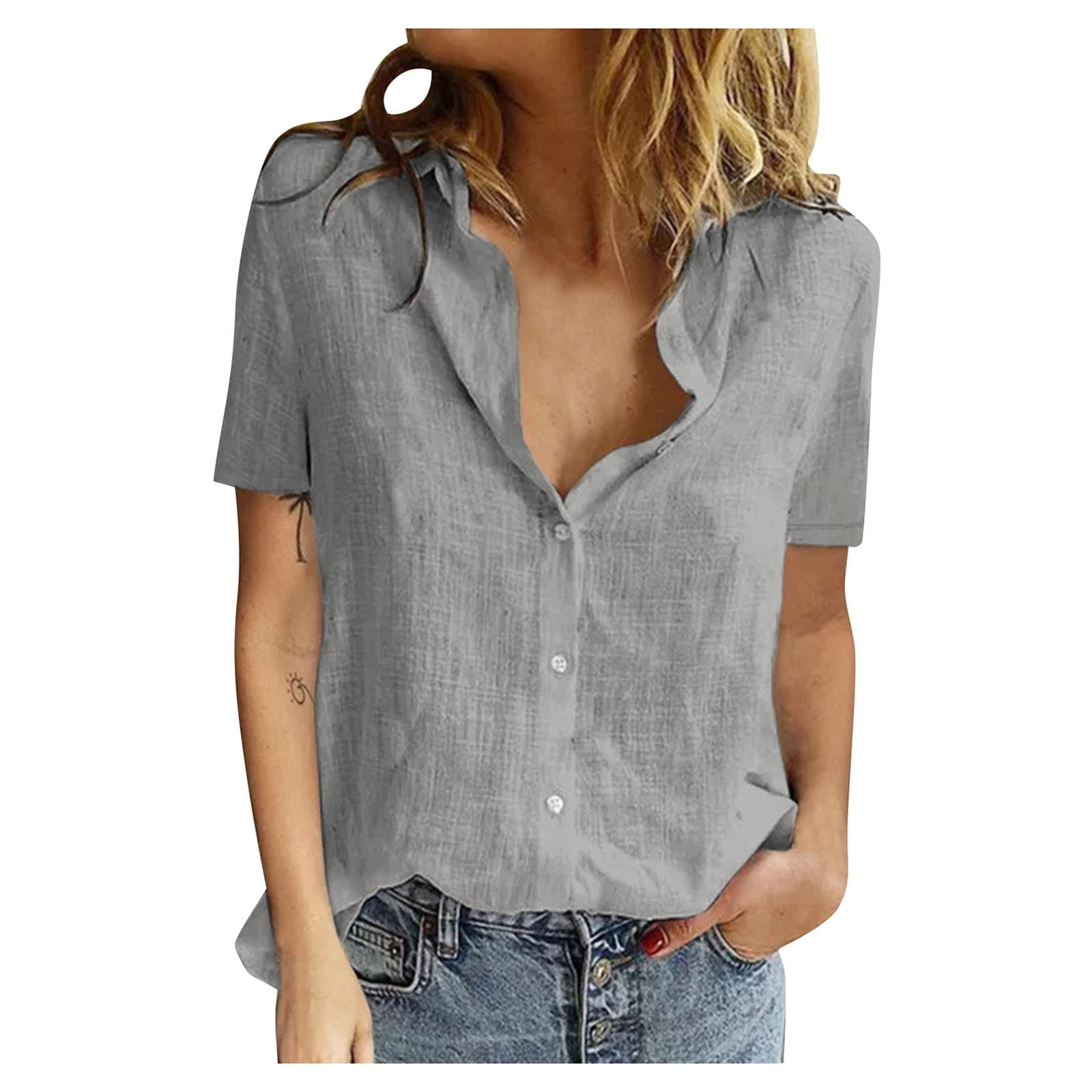 LYRIND Women's Summer Short Sleeve Cotton Linen Shirts Loose Fit Button