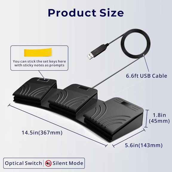 LYRIXEN Triple USB Programmable Foot Switch 3-Key Pedal - Silent Optical