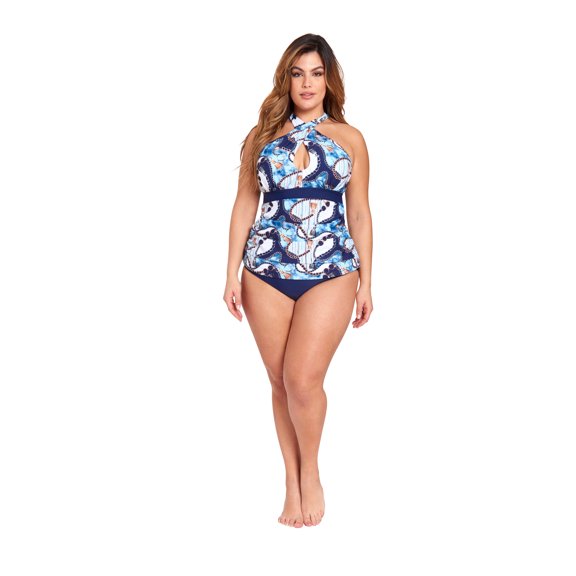 LYSA Women's Swimwear Sleeveless Tankini Top Navy Blue Chain Print