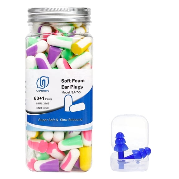 LYSIAN PU Foam Earplugs for Sleeping, Studying, Travel and Work, Soft Noise Reduction Hearing Protection, 60 Pairs, Multicolor