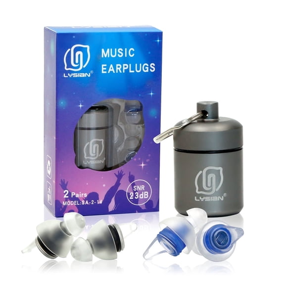 LYSIAN High Fidelity Concert Earplugs, 23dB Noise Reduction, Reusable Hearing Protection for Music Festivals, Raves & Loud Events, 2 Pairs, Blue/Black
