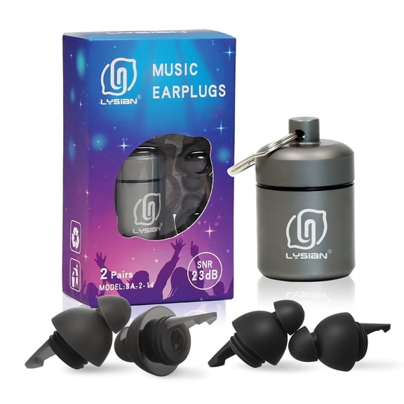 LYSIAN High Fidelity Concert Earplugs, 23dB Noise Reduction, Reusable Hearing Protection for Music Festivals, Raves & Loud Events, 2 Pairs, Black