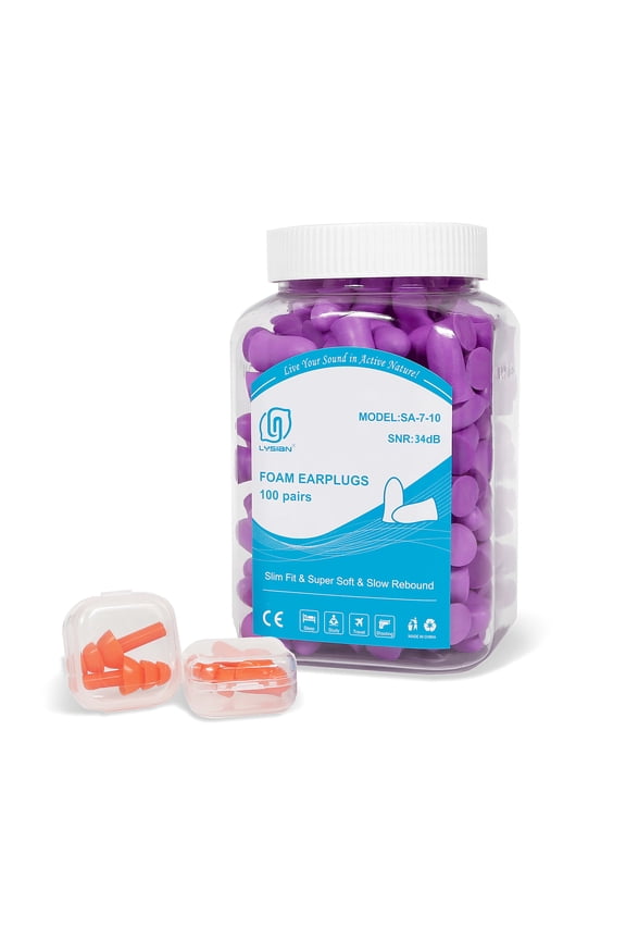 Slim PU Foam Earplugs for Sleep, Purple, 100 Pairs