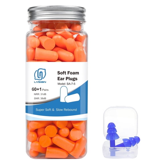 LYSIAN Soft Foam Ear Plugs for Noise Reduction, 60 Pairs, Orange