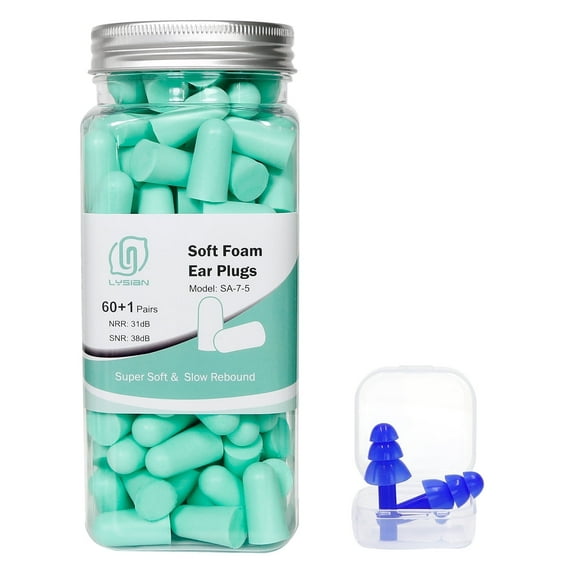 LYSIAN Ultra Soft Foam Earplugs, 60 Pairs, 38dB Noise Reduction Rating (NRR), Aqua