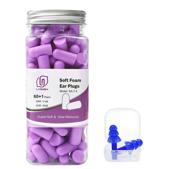 LYSIAN Ultra Soft Foam Earplugs to Sleep, 60 Pairs, for Hearing Protection, Purple, Standard