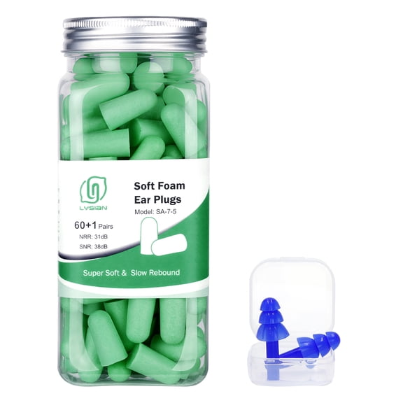 LYSIAN Ultra Soft Foam Earplugs for Noise Reduction & Hearing Protection, 60 Pairs, Standard Green