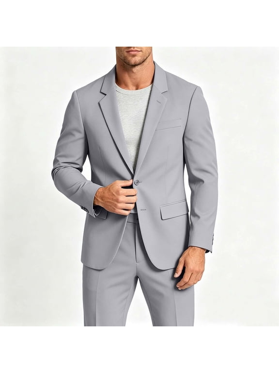 2026 Men's 2 Piece Single Button Suit Set, Notched Lapel Long Sleeve Blazer & Matching Trousers Multi Pockets Business Wedding Interview Formal Outfit