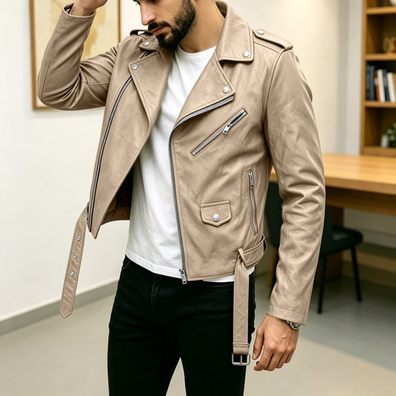 LYSMORA 2026 Men's Asymmetric Zip Faux Leather Jacket, Lapel Collar Belted Waist Multi Zipper Pockets Loose Fit Biker Casual Outerwear