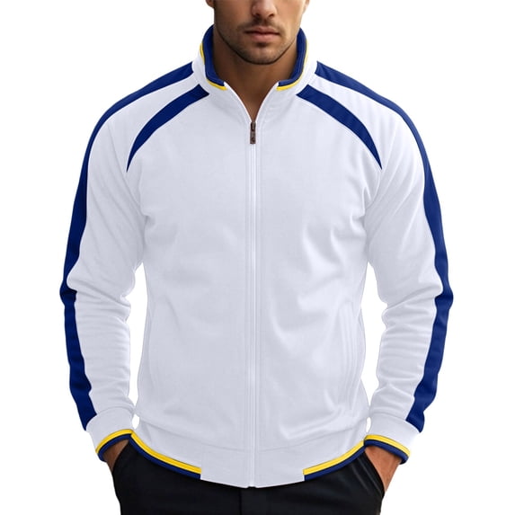 LYSMORA 2026 Men's Color Block Stand Collar Track Jacket, Striped Rib Trim Slip Side Pockets Loose Fit Athletic Sports Zip Outerwear