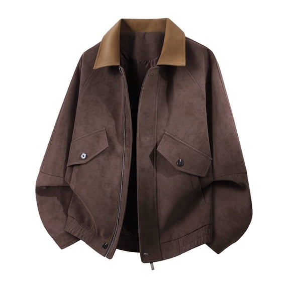 LYSMORA 2026 Men's Contrast Lapel Suede Bomber Jacket, Snap Flap Pockets Elastic Hem Oversized Loose Fit Windproof Retro Street Casual Outerwear