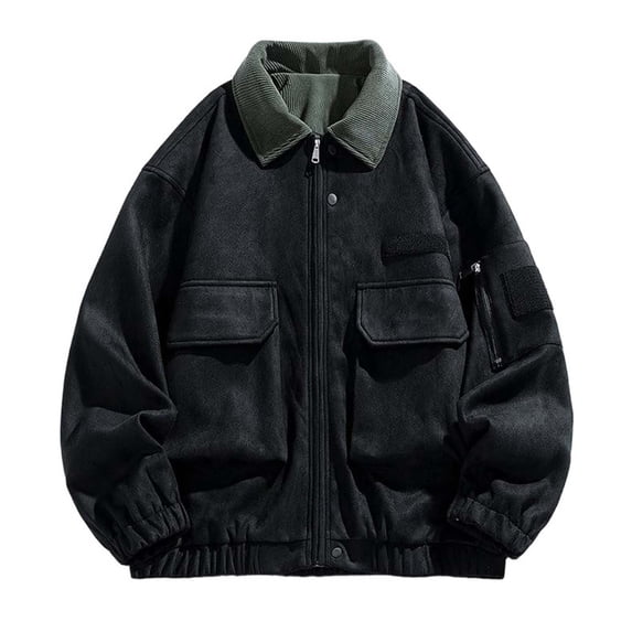 LYSMORA 2026 Men's Corduroy Collar Suede Utility Bomber Jacket, Multi Patch Pockets Elastic Cuff Loose Fit Windproof Street Casual Outerwear