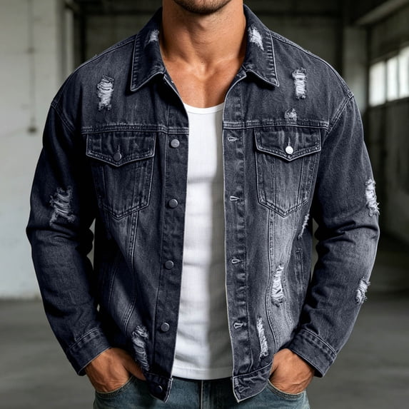 LYSMORA 2026 Men's Distressed Ripped Point Collar Denim Jacket, Button Front Chest Flap Pockets Loose Fit Vintage Washed Casual Shacket Outerwear
