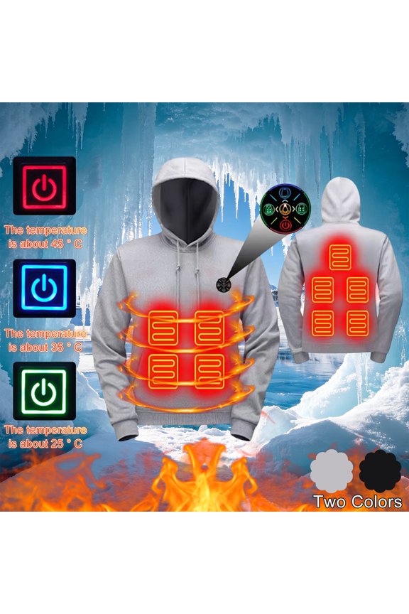2026 Men's Electric Heated Pullover Hoodie, 4 Heating Zones Adjustable Temp Drawstring Rib Cuff Winter Thermal Layering Sweatshirt