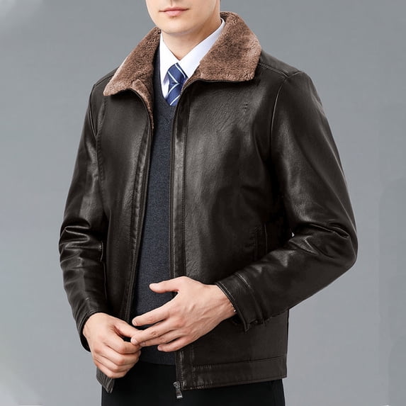 LYSMORA 2026 Men's Fleece Collar Faux Leather Zip Jacket, Warm Lined Stand Collar Loose Fit Winter Business Casual Windproof Outerwear
