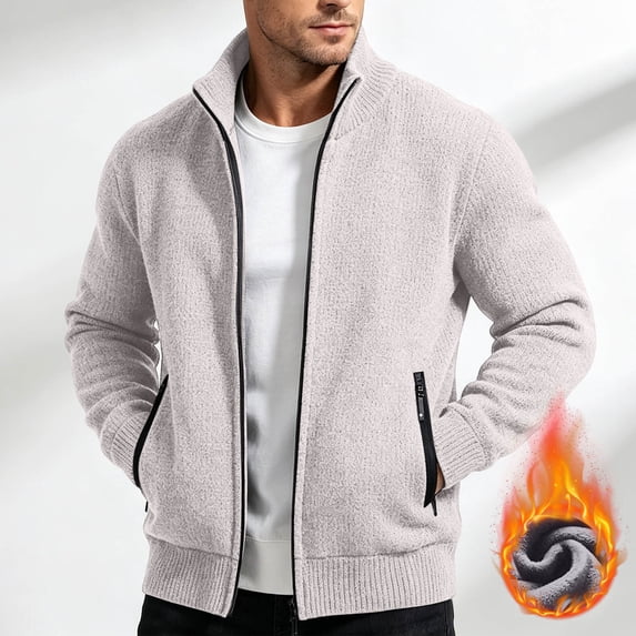 LYSMORA 2026 Men's Fleece Lined Zip Up Knit Cardigan Jacket, Stand Collar Zip Side Pockets Regular Fit Warm Winter Casual Sweater Coat