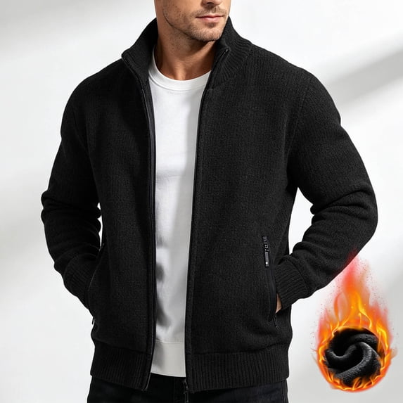 LYSMORA 2026 Men's Fleece Lined Zip Up Knit Cardigan Jacket, Stand Collar Zip Side Pockets Regular Fit Warm Winter Casual Sweater Coat