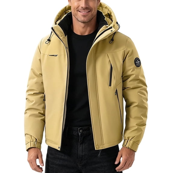 LYSMORA 2026 Men's Hood Insulated Puffer Jacket, Zipper Chest & Side Pockets Elastic Cuff Long Sleeve Loose Fit Winter Travel Outerwear