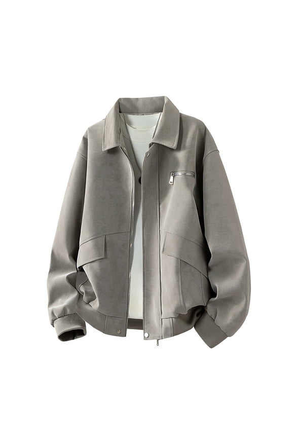 2026 Men's Lapel Black Suede Bomber Jacket, Zip Chest Pocket Ribbed Cuff Oversized Loose Fit Windproof Street Casual Outerwear