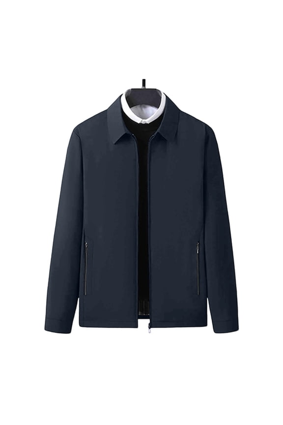 2026 Men's Lapel Collar Full Zip Business Jacket, Zipper Side Pockets Straight Cuff Loose Fit Windproof Lightweight Casual Outerwear