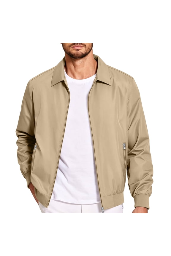 2026 Men's Lapel Collar Khaki Lightweight Bomber Jacket, Zip Side Pockets Ribbed Cuff Regular Fit Windproof Business Casual Outerwear