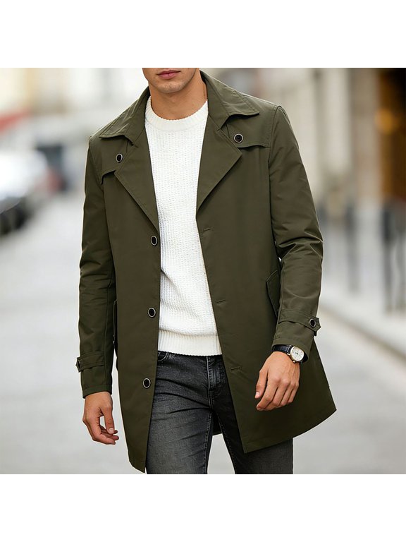 2026 Men's Lapel Collar Mid Length Trench Coat, Adjustable Strap Cuff Slip Side Pockets Loose Fit Casual Travel Outerwear