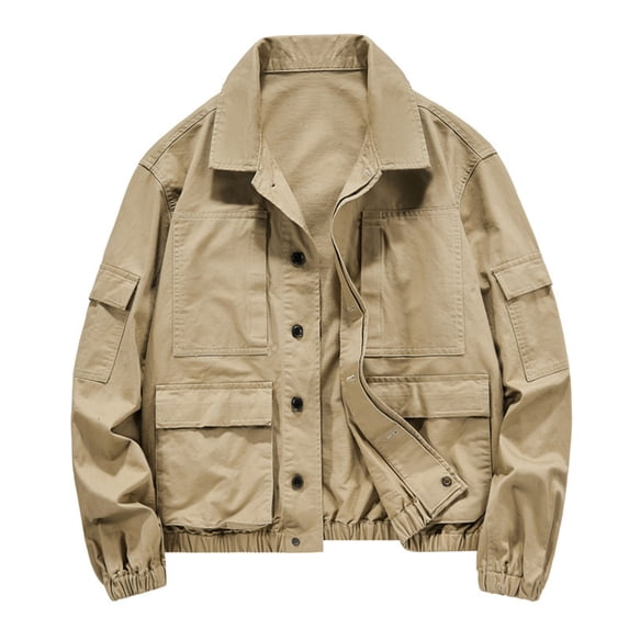 LYSMORA 2026 Men's Lapel Collar Multi Pocket Cargo Jacket, Button Front Elastic Cuff Loose Fit Outdoor Utility Casual Outer Shacket