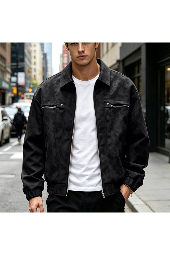 2026 Men's Lapel Collar Tie Dye Faux Suede Bomber Jacket, Zipper Chest Pockets Elastic Rib Cuff Loose Fit Fall Casual Zip Outerwear