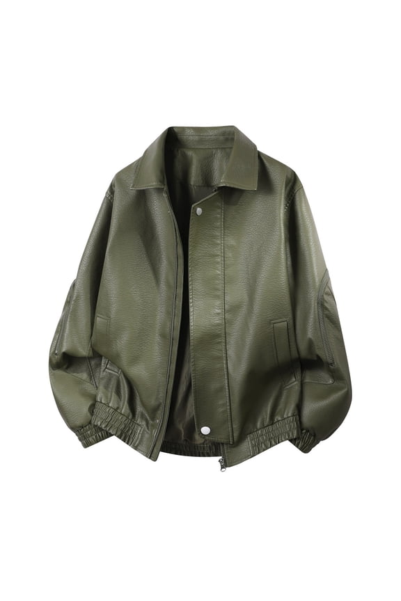 2026 Men's Lapel Faux Leather Bomber Jacket, Zip Sleeve Pockets Elastic Cuff Oversized Loose Fit Windproof Motorcycle Street Casual Outerwear