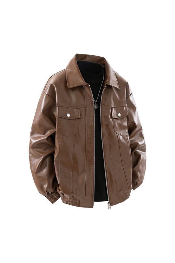 2026 Men's Lapel Faux Leather Trucker Bomber Jacket, Snap Chest Flap Pockets Elastic Cuff Hem Oversized Loose Fit Windproof Motorcycle Street Casual Outerwear