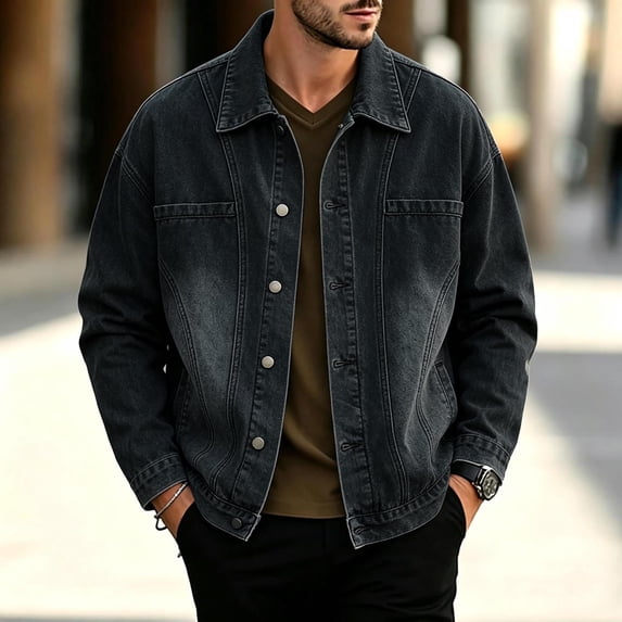 LYSMORA 2026 Men's Lapel Gradient Washed Denim Trucker Jacket, Chest Patch Pockets Oversized Loose Fit Casual Outer Shacket