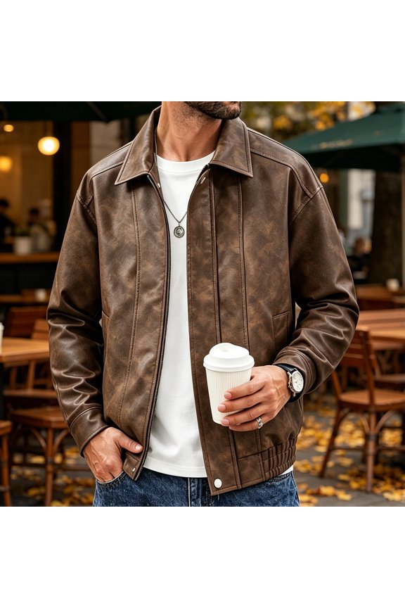 2026 Men's Lapel Vintage Washed Faux Leather Bomber Jacket, Snap Button Zip Front Elastic Hem Oversized Loose Fit Windproof Motorcycle Street Casual Outerwear