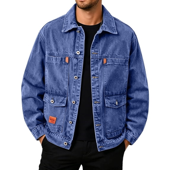 LYSMORA 2026 Men's Lapel Washed Denim Utility Trucker Jacket, Multi Button Patch Pockets Oversized Loose Fit Casual Outer Shacket