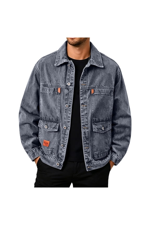 2026 Men's Lapel Washed Denim Utility Trucker Jacket, Multi Button Patch Pockets Oversized Loose Fit Casual Outer Shacket
