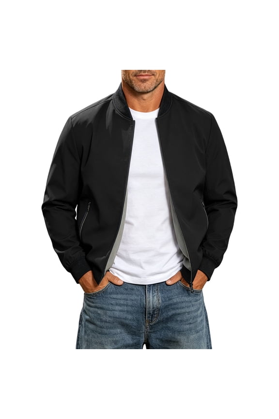 2026 Men's Lined Bomber Jacket, Ribbed Collar Zipper Side Pockets Loose Fit Casual Daily Wind Outerwear