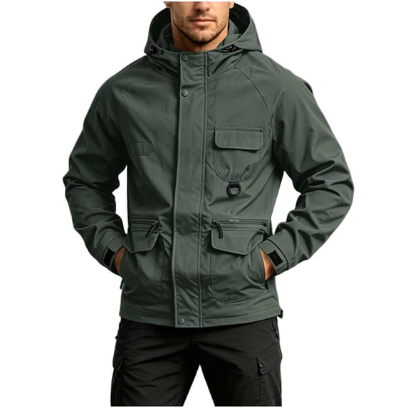 LYSMORA 2026 Men's Multi Pocket Hood Utility Softshell Jacket, Cargo Zipper Waist Pockets Hook Loop Cuff Long Sleeve Loose Fit Hiking Travel Outerwear