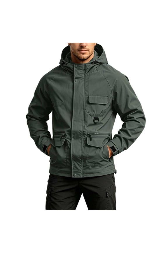 2026 Men's Multi Pocket Hood Utility Softshell Jacket, Cargo Zipper Waist Pockets Hook Loop Cuff Long Sleeve Loose Fit Hiking Travel Outerwear