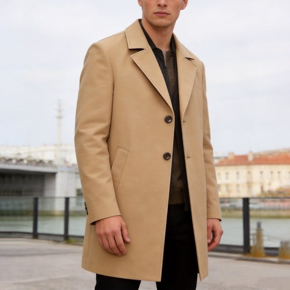 LYSMORA 2026 Men's Notched Lapel Mid Length Overcoat, Single Breasted Slip Side Pockets Loose Fit Casual Travel Outerwear