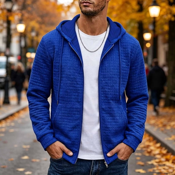 LYSMORA 2026 Men's Quilted Full Zip Hooded Jacket, Drawstring Rib Cuff Loose Lightweight Sweatshirt Casual Layering Outerwear