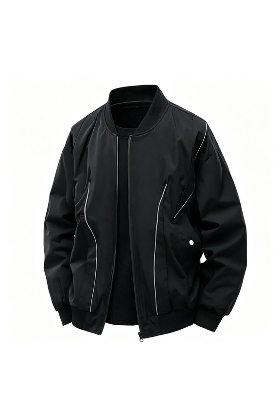 2026 Men's Rib Stand Collar Full Zip Bomber Jacket, Rib Cuff Hem Long Sleeve Loose Fit Street Travel Light Wind Resistant Casual Daily Outerwear