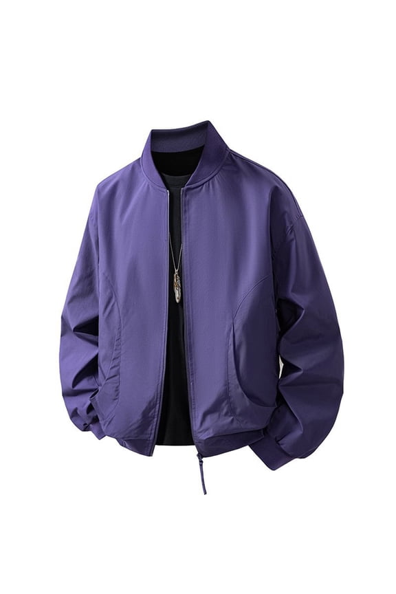 2026 Men's Ribbed Collar Full Zip Bomber Jacket, Curved Side Pockets Ribbed Cuff Oversized Loose Fit Windproof Street Casual Outerwear
