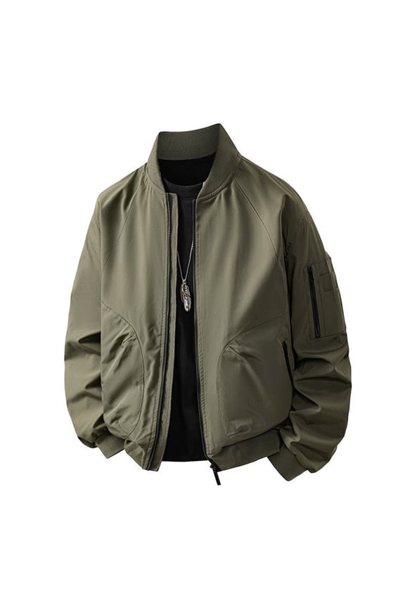 2026 Men's Ribbed Collar Full Zip Bomber Jacket, Curved Side Pockets Ribbed Cuff Oversized Loose Fit Windproof Street Casual Outerwear