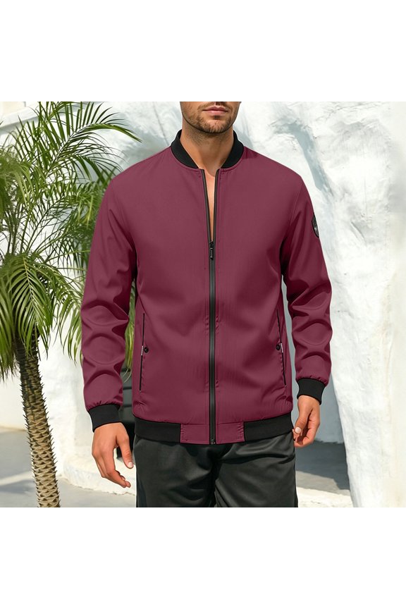 2026 Men's Solid Bomber Jacket, Ribbed Collar Zipper Side Pockets Loose Fit Casual Daily Outerwear