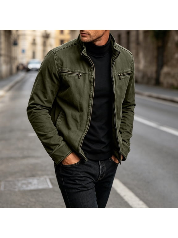 2026 Men's Stand Collar Canvas Utility Jacket, Double Zipper Chest Pockets Loose Fit Casual Daily Outerwear