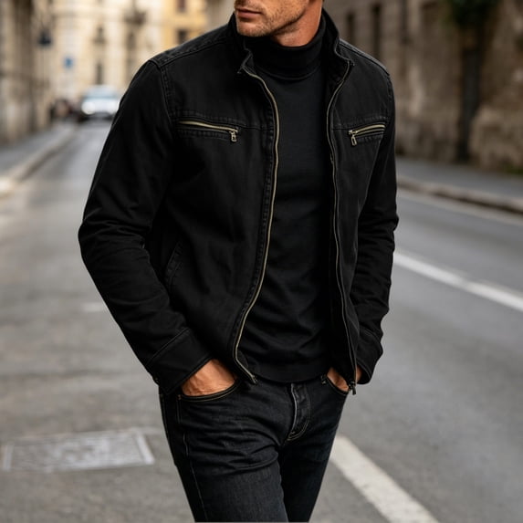 LYSMORA 2026 Men's Stand Collar Canvas Utility Jacket, Double Zipper Chest Pockets Loose Fit Casual Daily Outerwear
